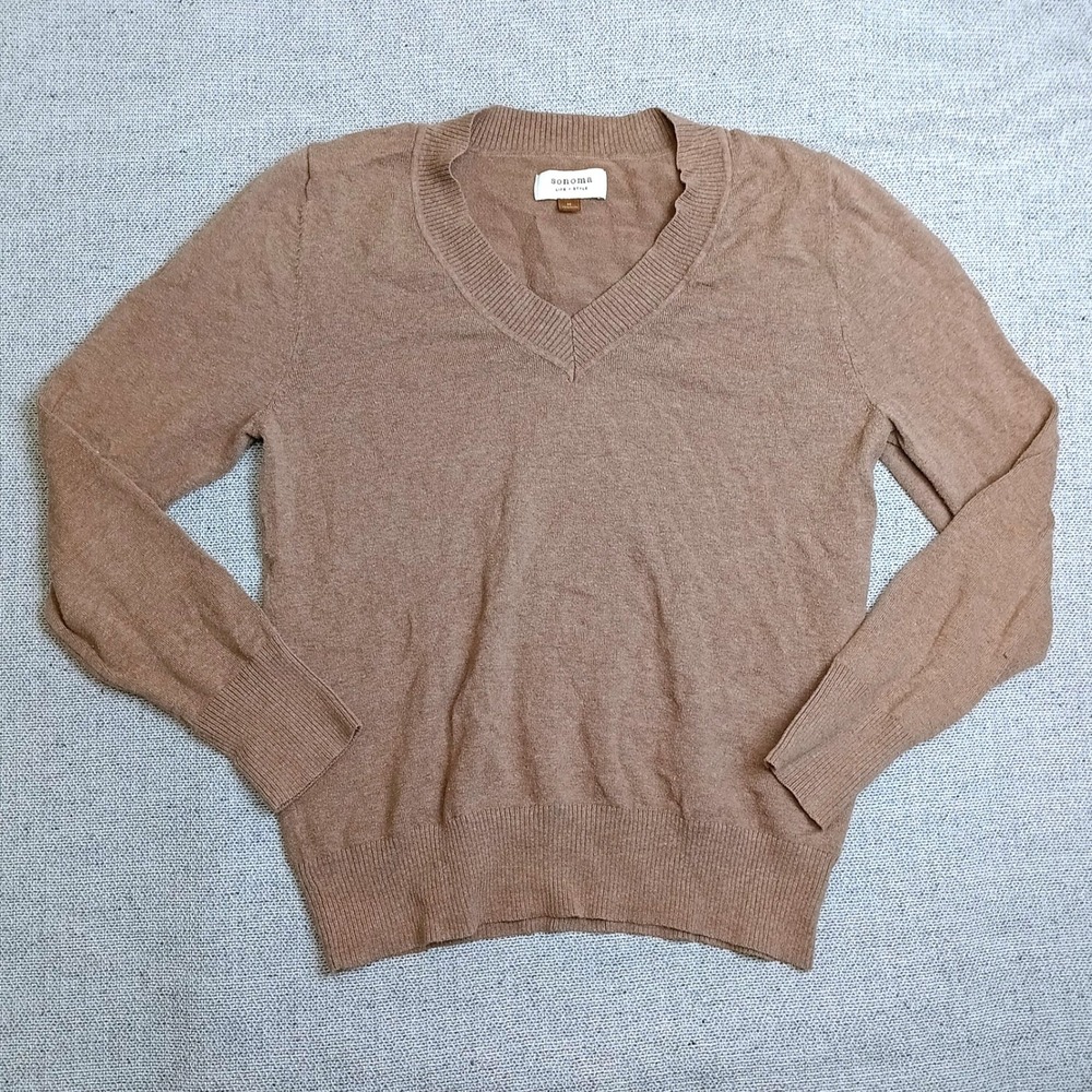 Sonoma V-Neck Sweater Womens Medium Tan Excellent Cotton Blend Ribbed Pullover